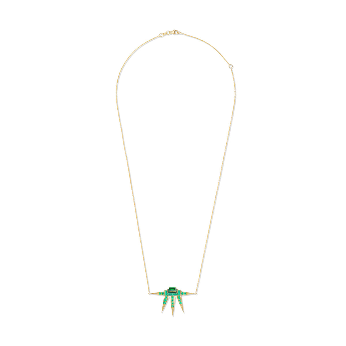 14K Gold Emerald + Tsavorite Garnet + Green Enamel Starburst Pendant Necklace