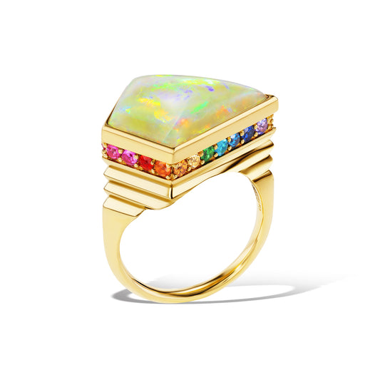 18K Gold Australian Opal + Ombré Rainbow Kite Cocktail Ring