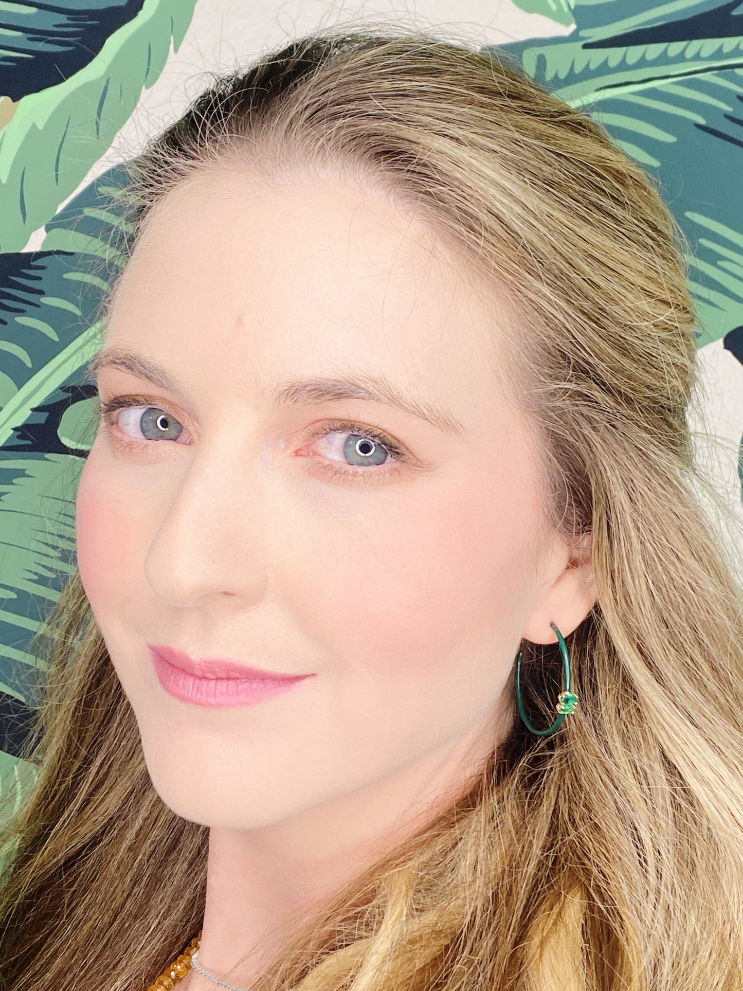 14K Gold Marquise Cut Emerald + Green Enamel Valley Girl Hoop Earrings