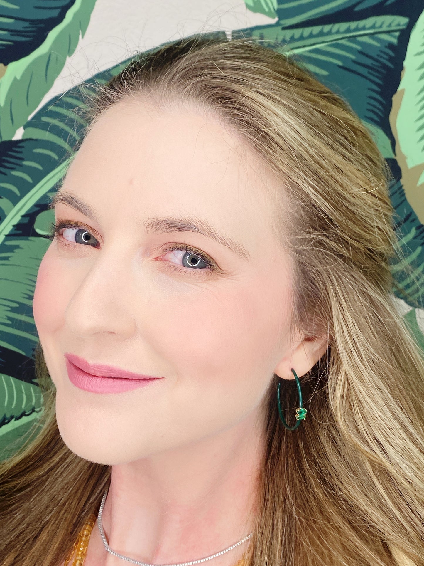 14K Gold Marquise Cut Emerald + Green Enamel Valley Girl Hoop Earrings