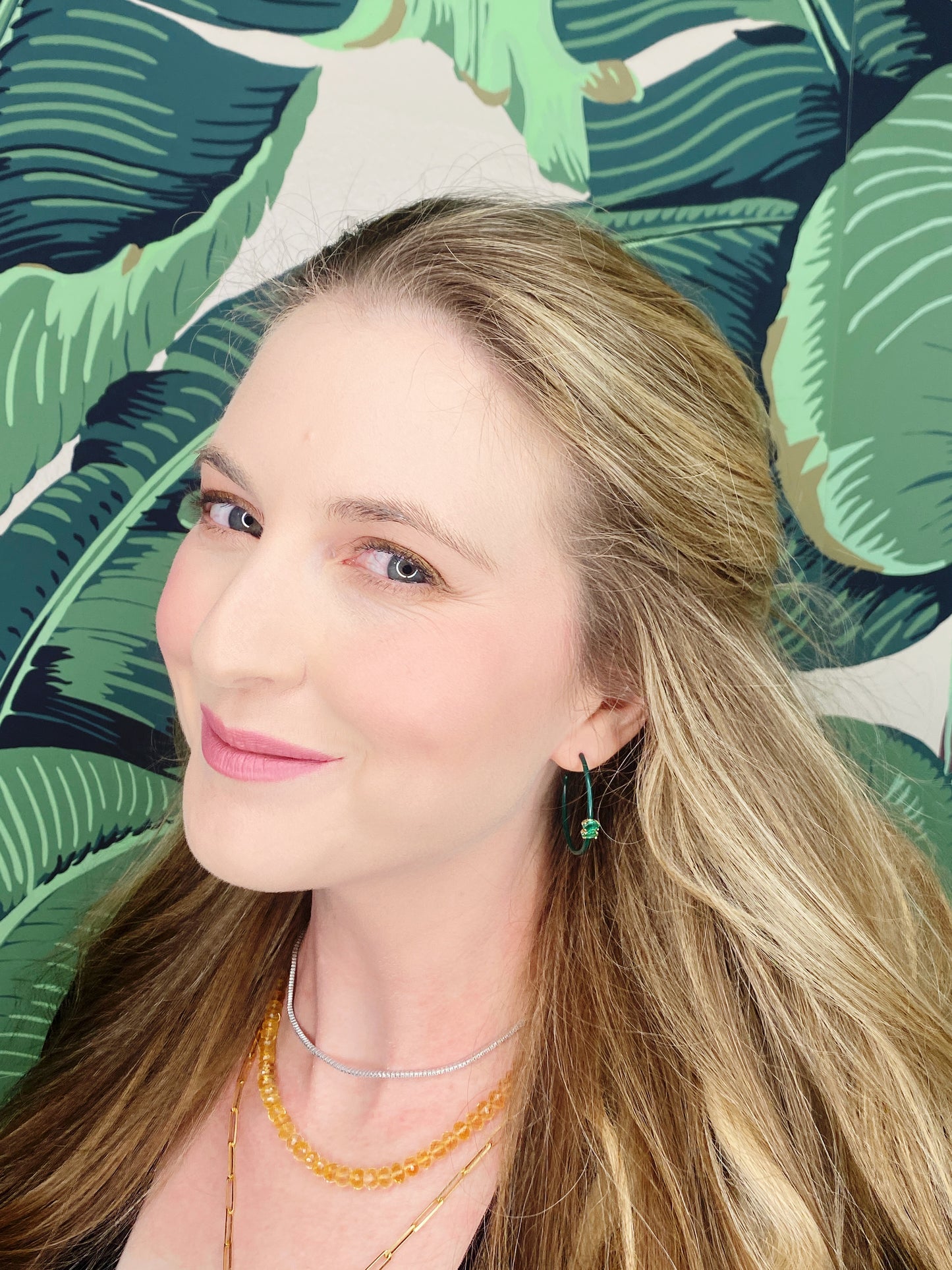 14K Gold Marquise Cut Emerald + Green Enamel Valley Girl Hoop Earrings