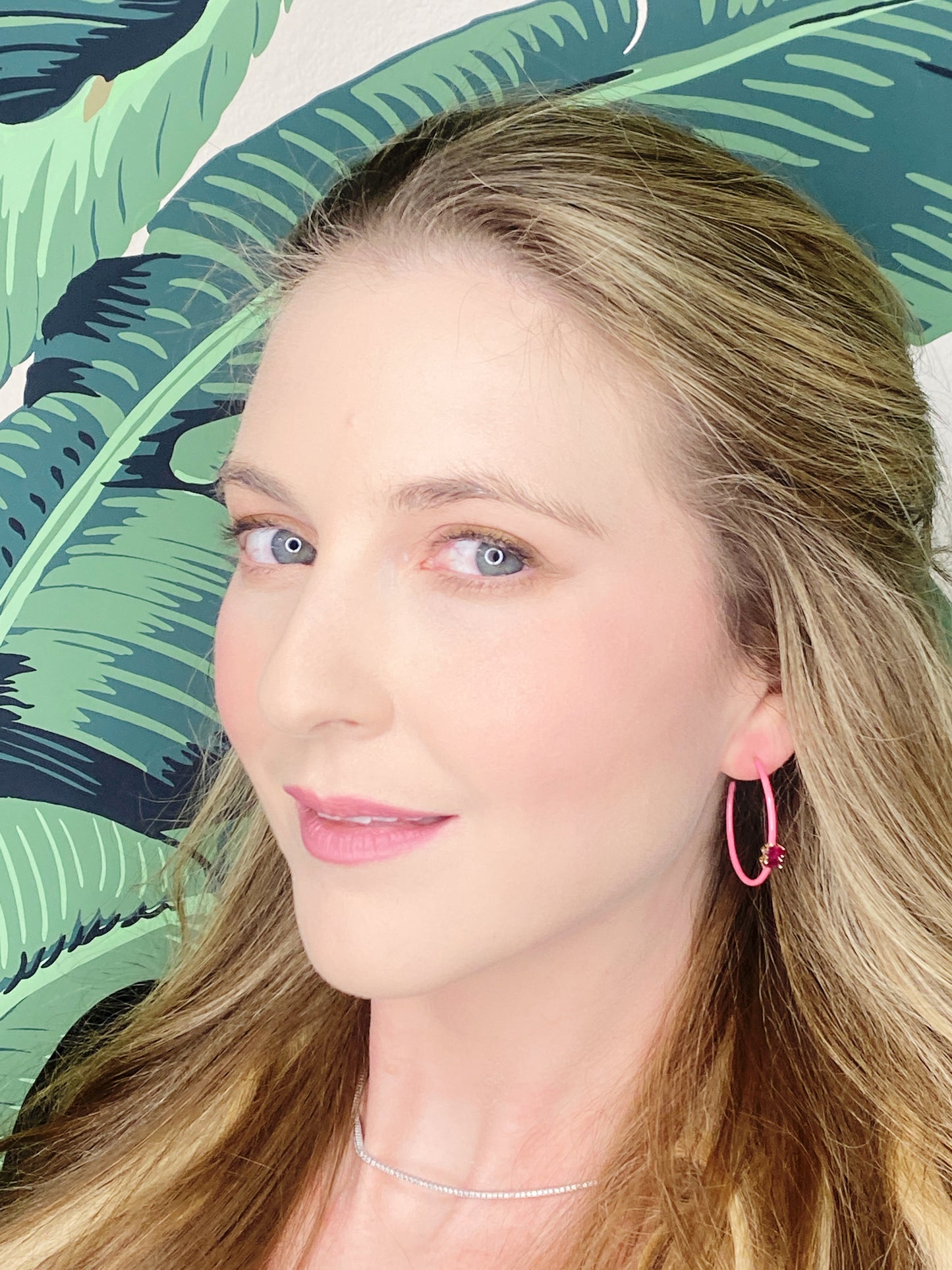 14K Gold Marquise Cut Ruby + Pink Enamel Valley Girl Hoop Earrings