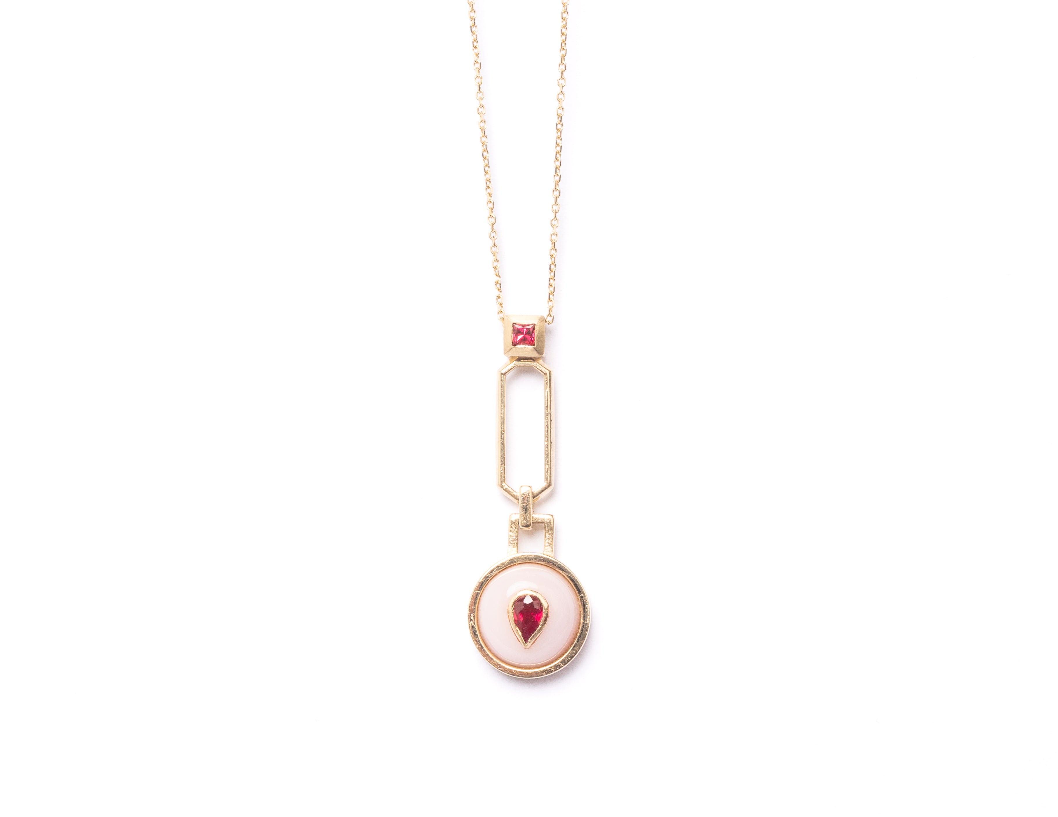 14K Gold Ruby + Pink Opal + Neon Pink Spinel Pendant Necklace