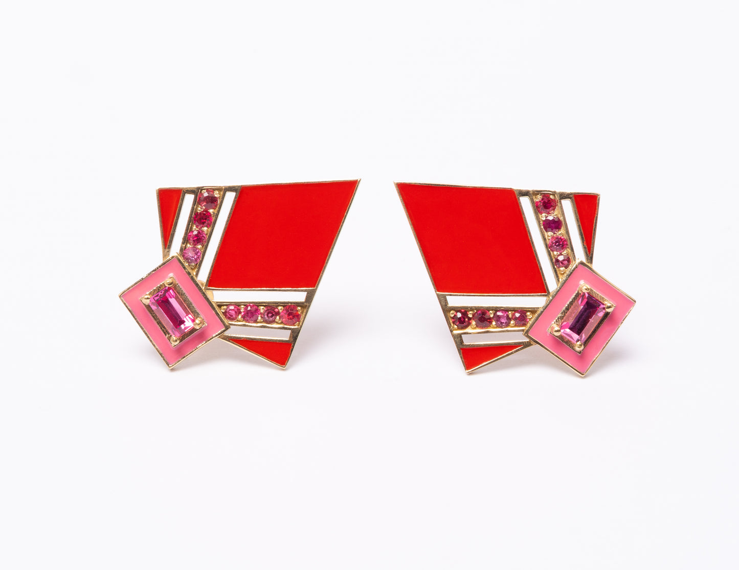 14K Gold Pink + Ombré Red Spinel Art Deco Enamel Fan Earrings