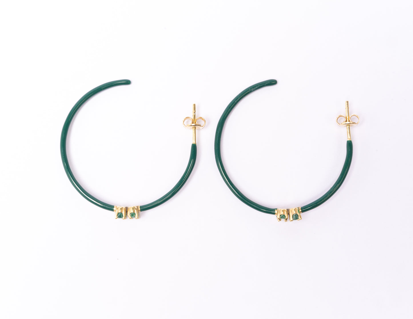 14K Gold Marquise Cut Emerald + Green Enamel Valley Girl Hoop Earrings