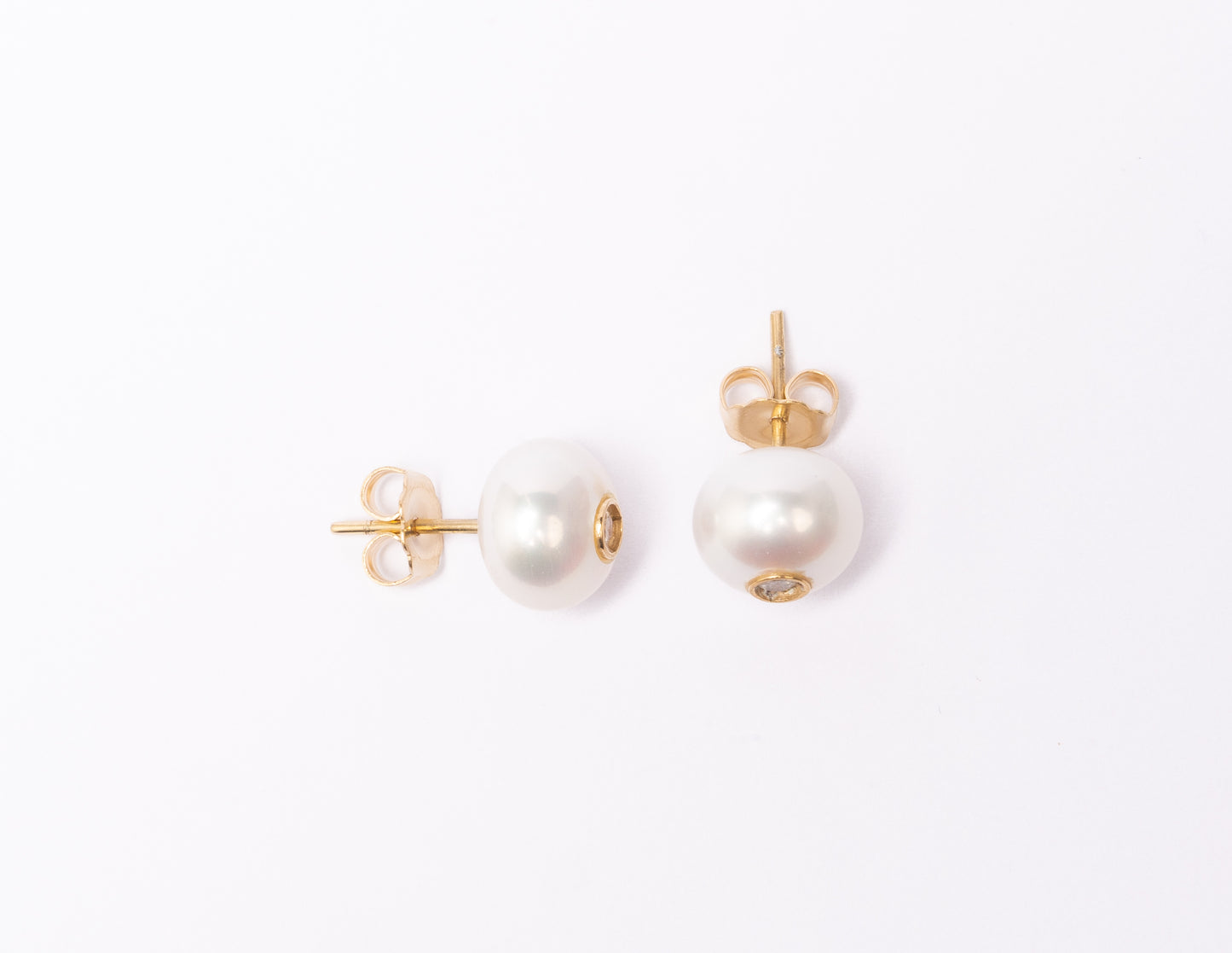 14K Gold Freshwater Pearl + Diamond Stud Earrings