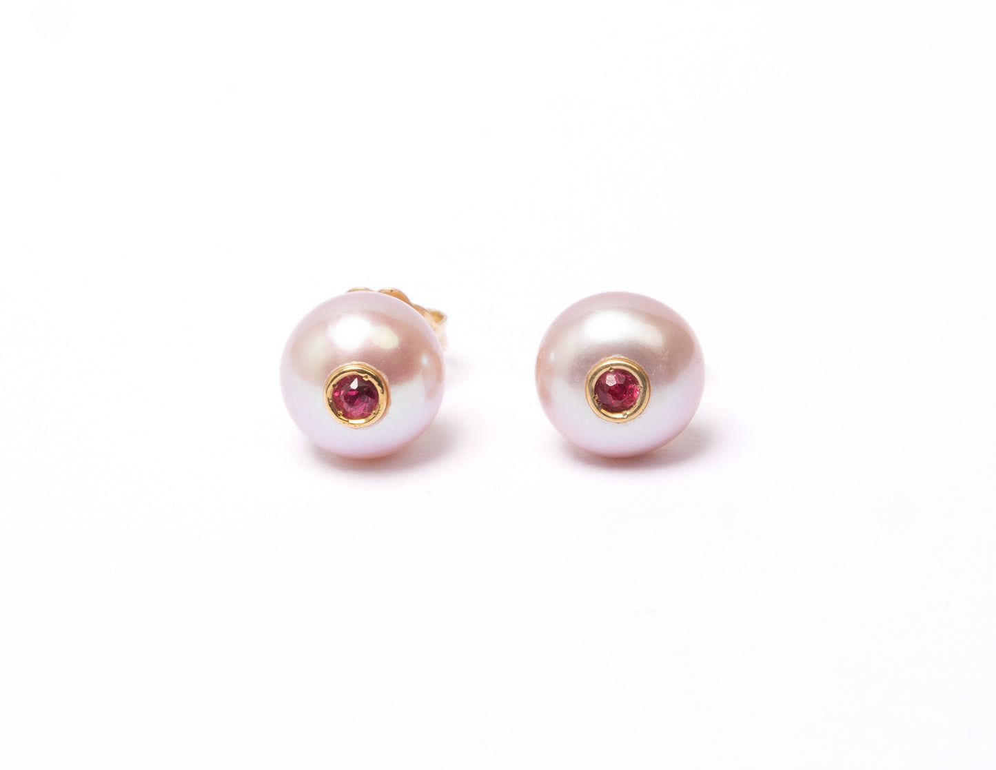 14K Gold Pink Freshwater Pearl + Red Spinel Stud Earrings