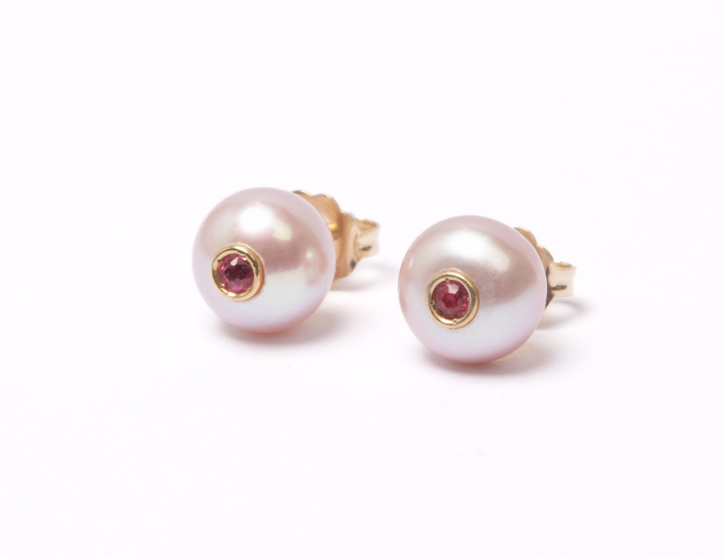 14K Gold Pink Freshwater Pearl + Red Spinel Stud Earrings