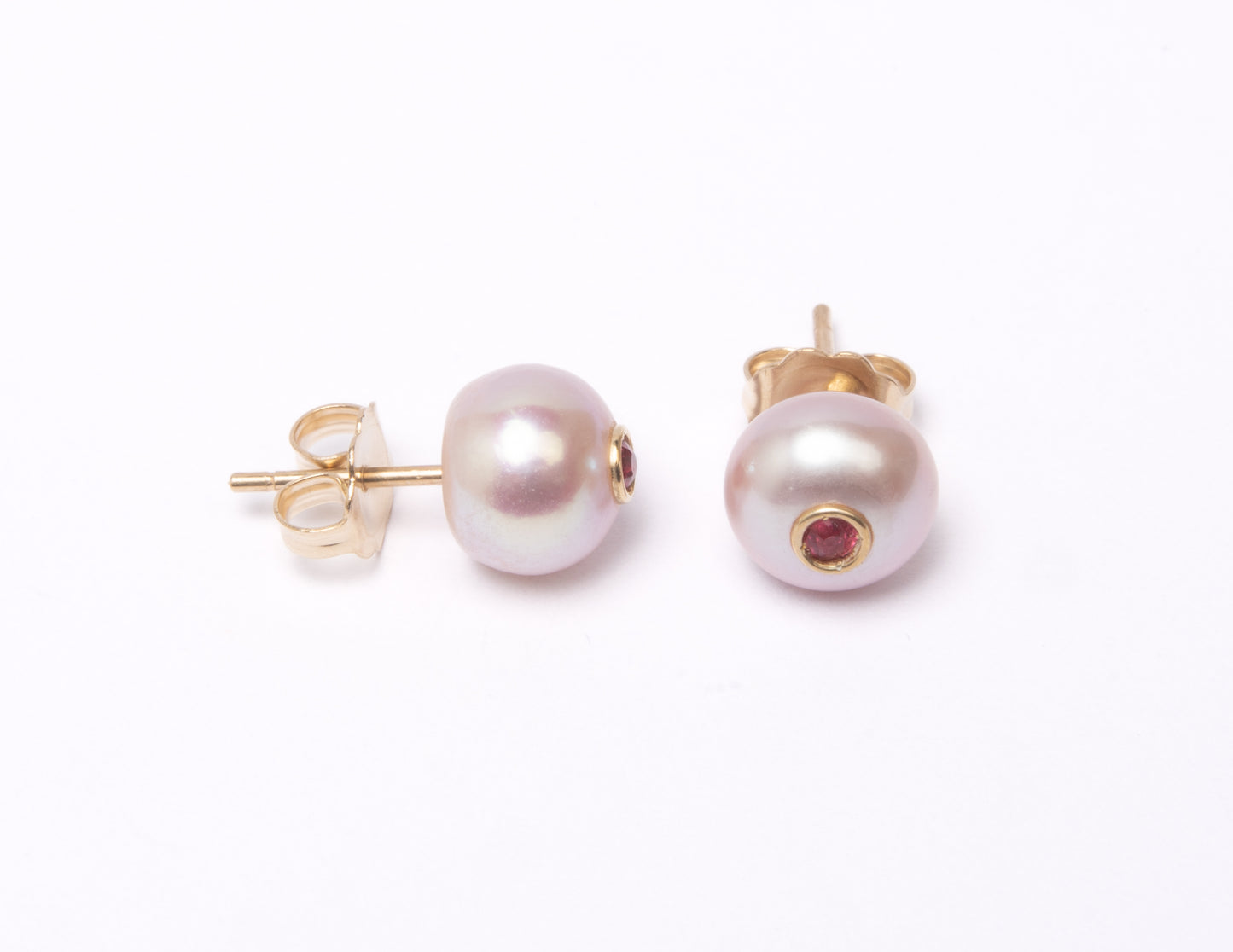 14K Gold Pink Freshwater Pearl + Red Spinel Stud Earrings
