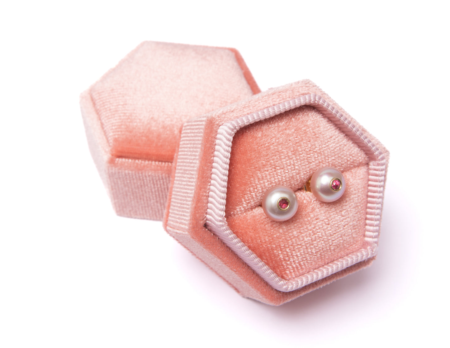 14K Gold Pink Freshwater Pearl + Red Spinel Stud Earrings