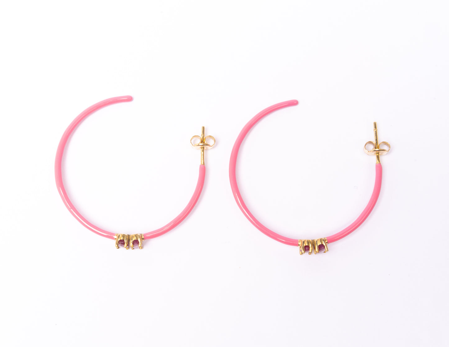 14K Gold Marquise Cut Ruby + Pink Enamel Valley Girl Hoop Earrings