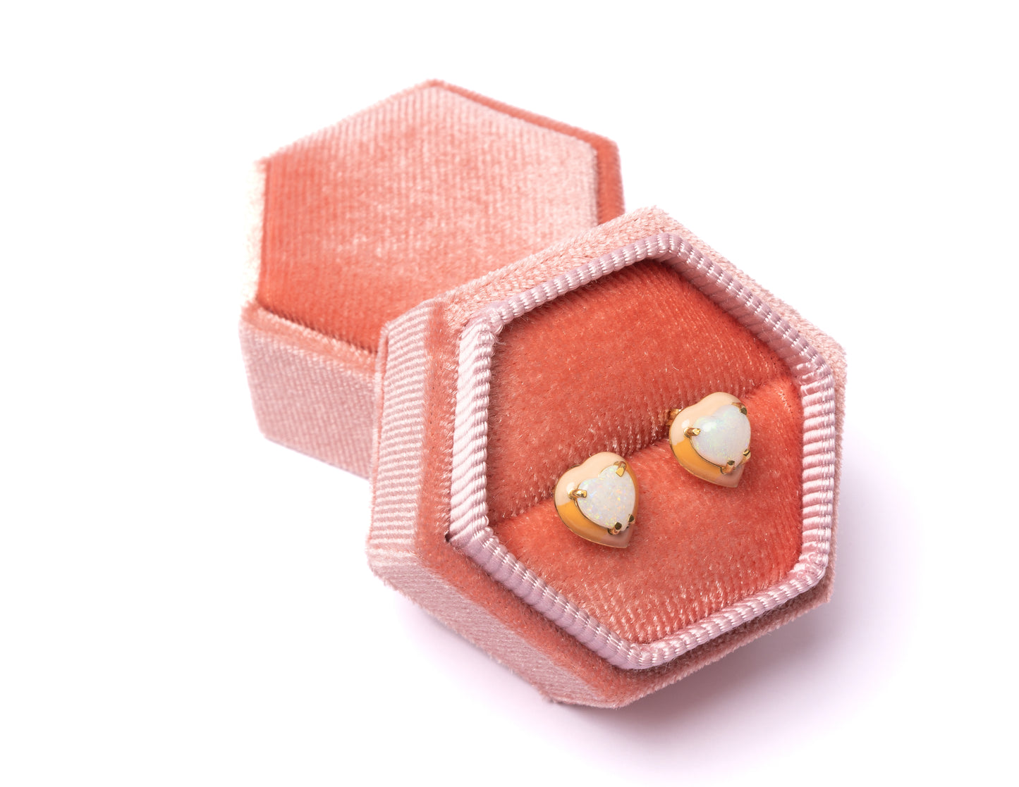 14K Gold Australian Opal Heart + Ombré Sunset Pastel Enamel Sweetheart Stud Earrings