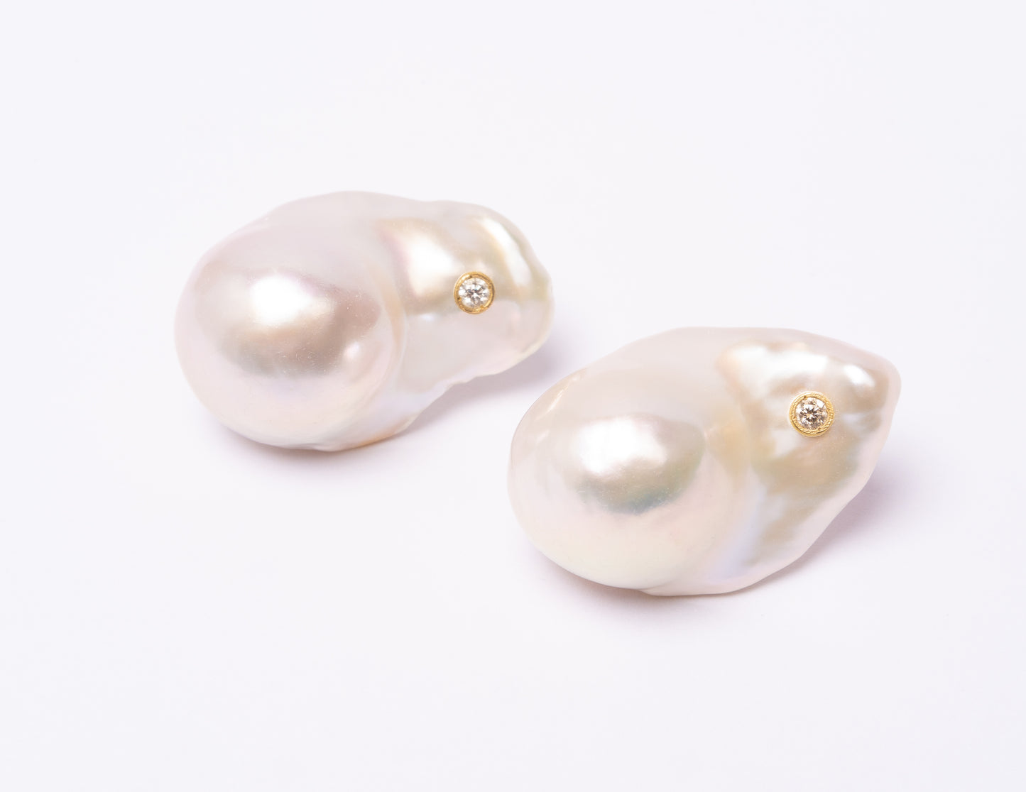 14K Gold Iridescent Baroque Pearl + Diamond Earrings