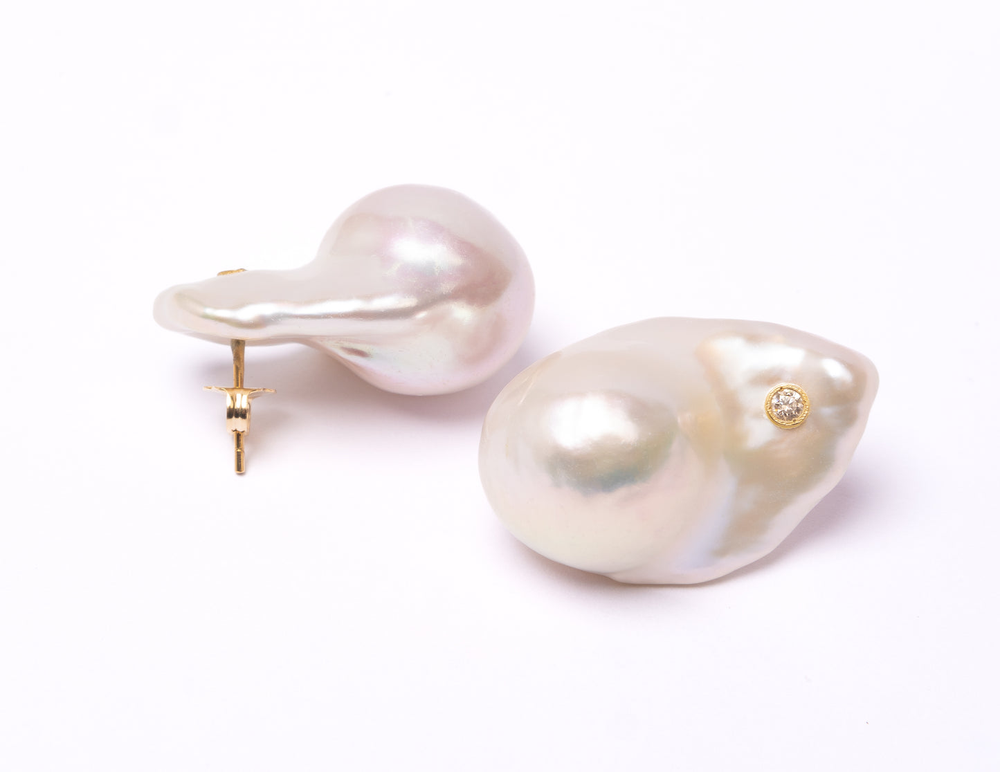 14K Gold Iridescent Baroque Pearl + Diamond Earrings