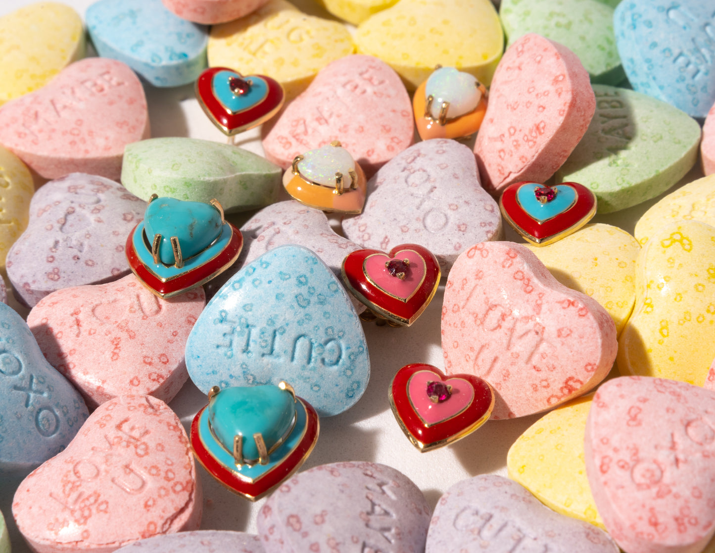 14K Gold Australian Opal Heart + Ombré Sunset Pastel Enamel Sweetheart Stud Earrings