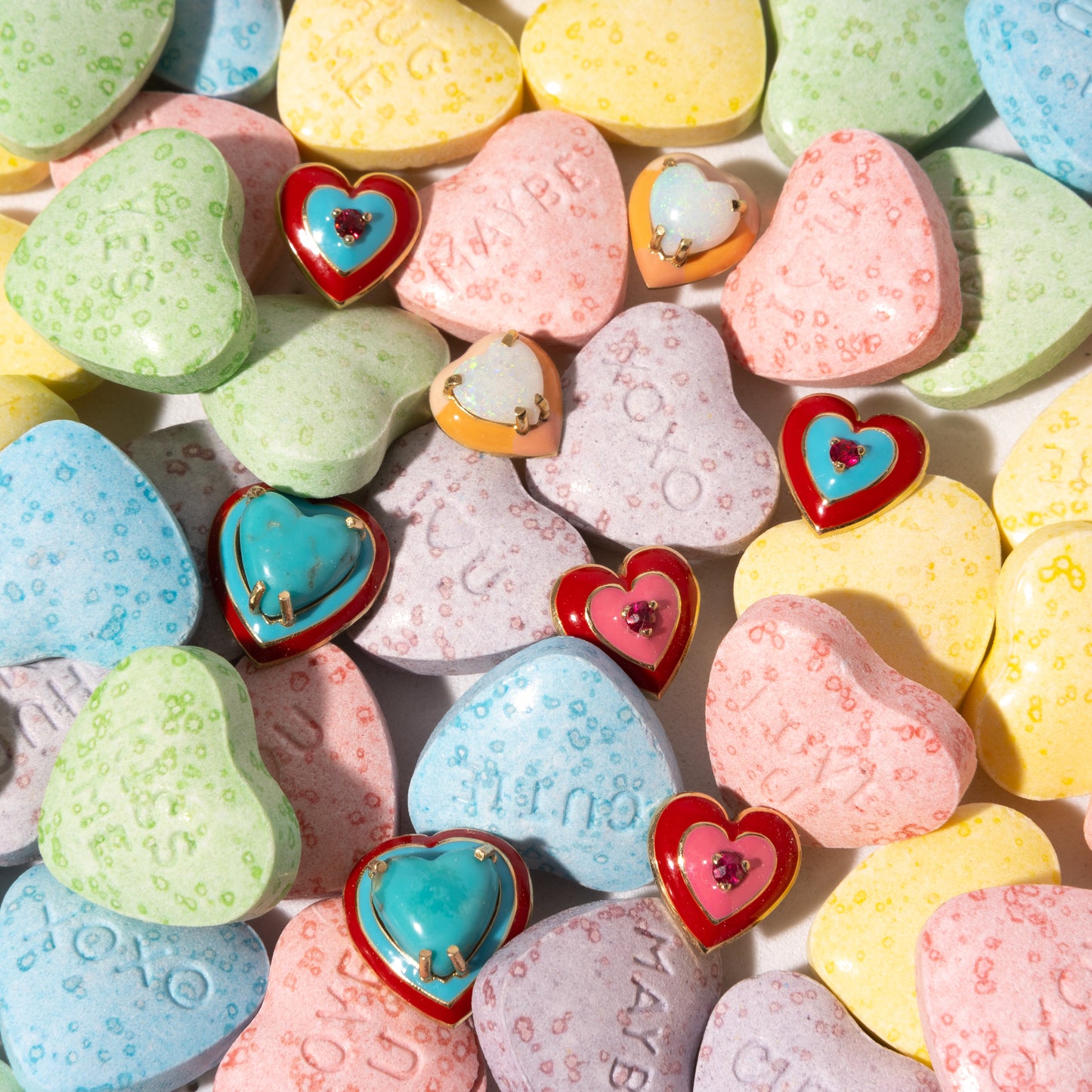 14K Gold Australian Opal Heart + Ombré Sunset Pastel Enamel Sweetheart Stud Earrings