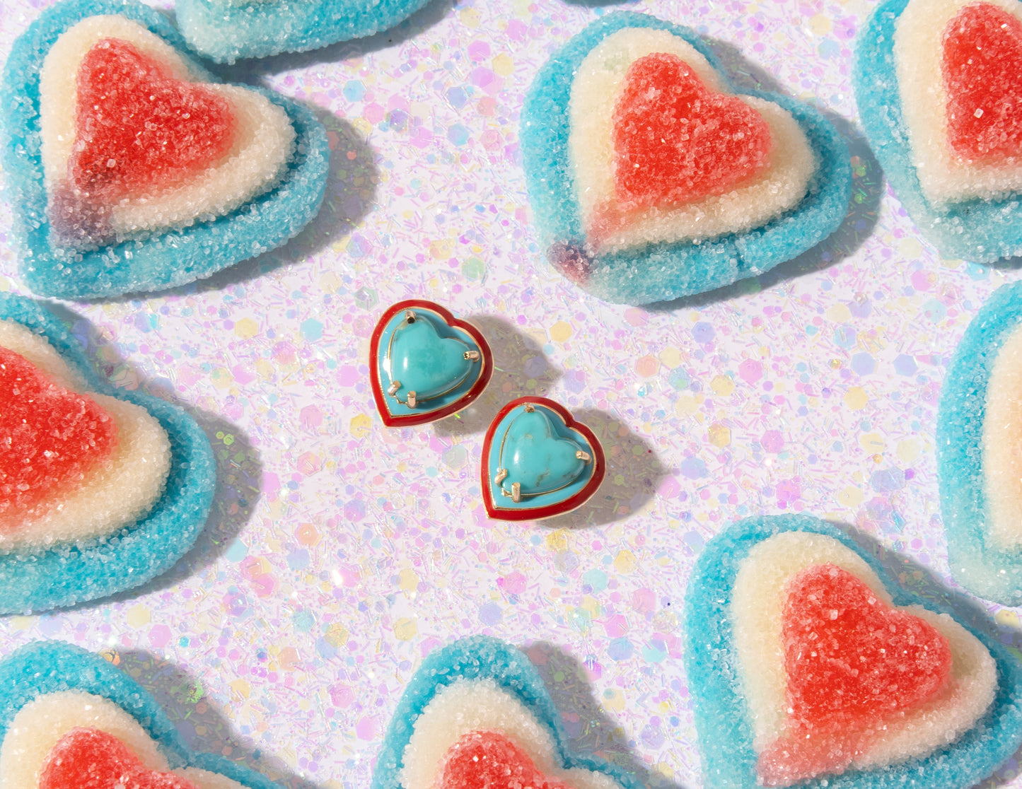 14K Gold Turquoise Heart Cabochon + Red // Turquoise Enamel Sweetheart Stud Earrings