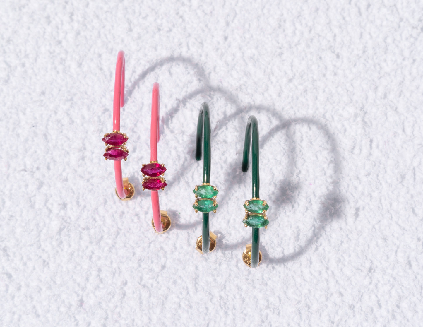 14K Gold Marquise Cut Emerald + Green Enamel Valley Girl Hoop Earrings