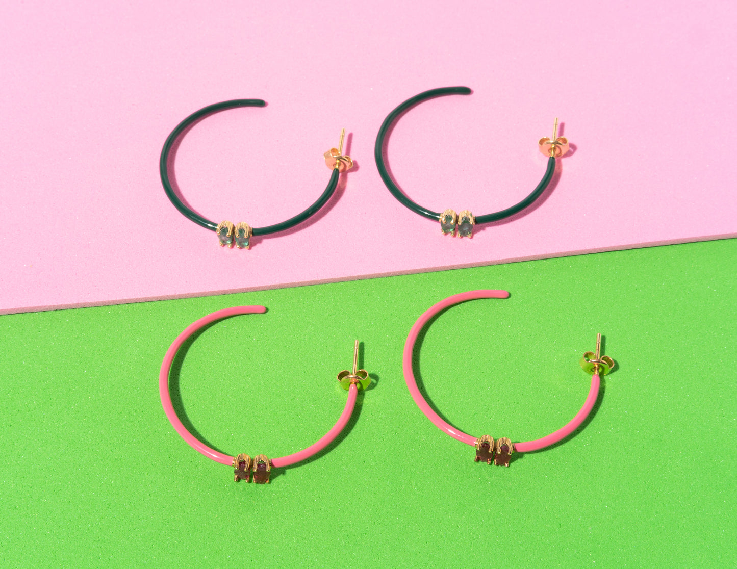 14K Gold Marquise Cut Emerald + Green Enamel Valley Girl Hoop Earrings