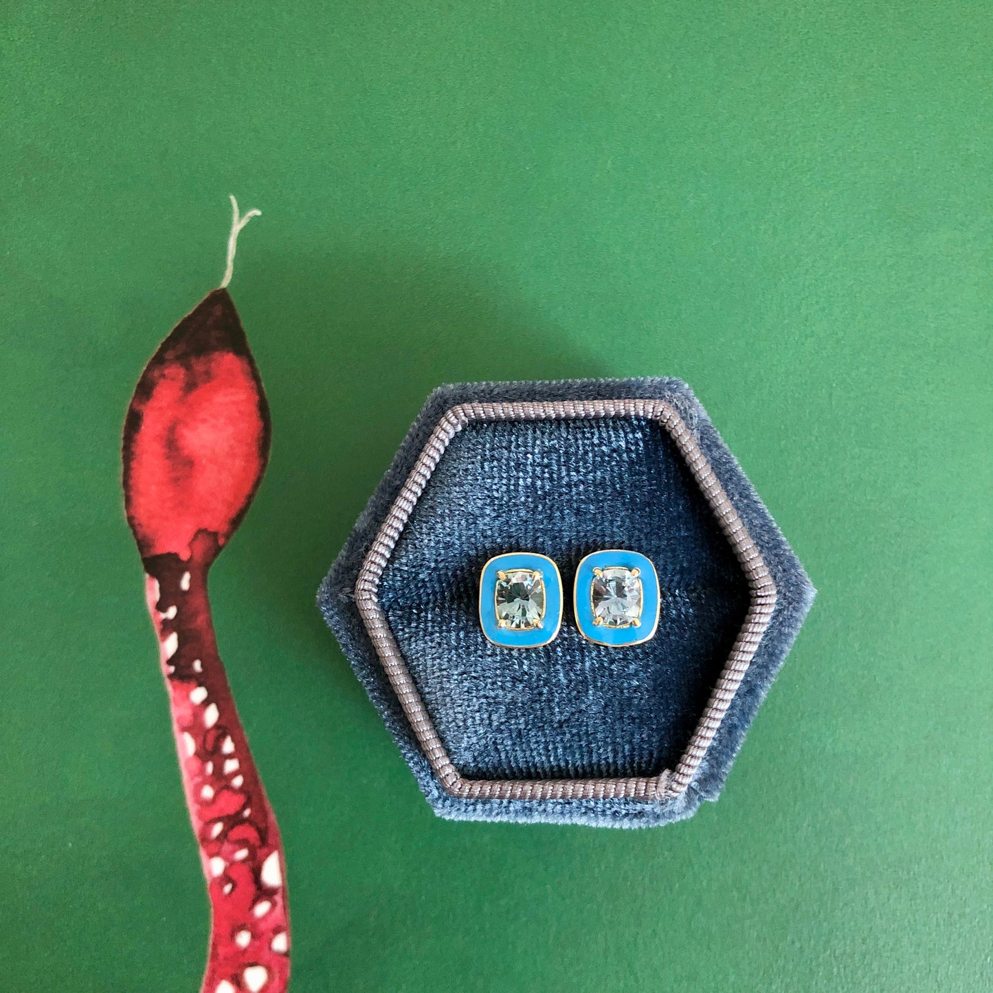 14K Gold Cushion Cut Montana Sapphires + Blue Enamel Valley Girl Stud Earrings