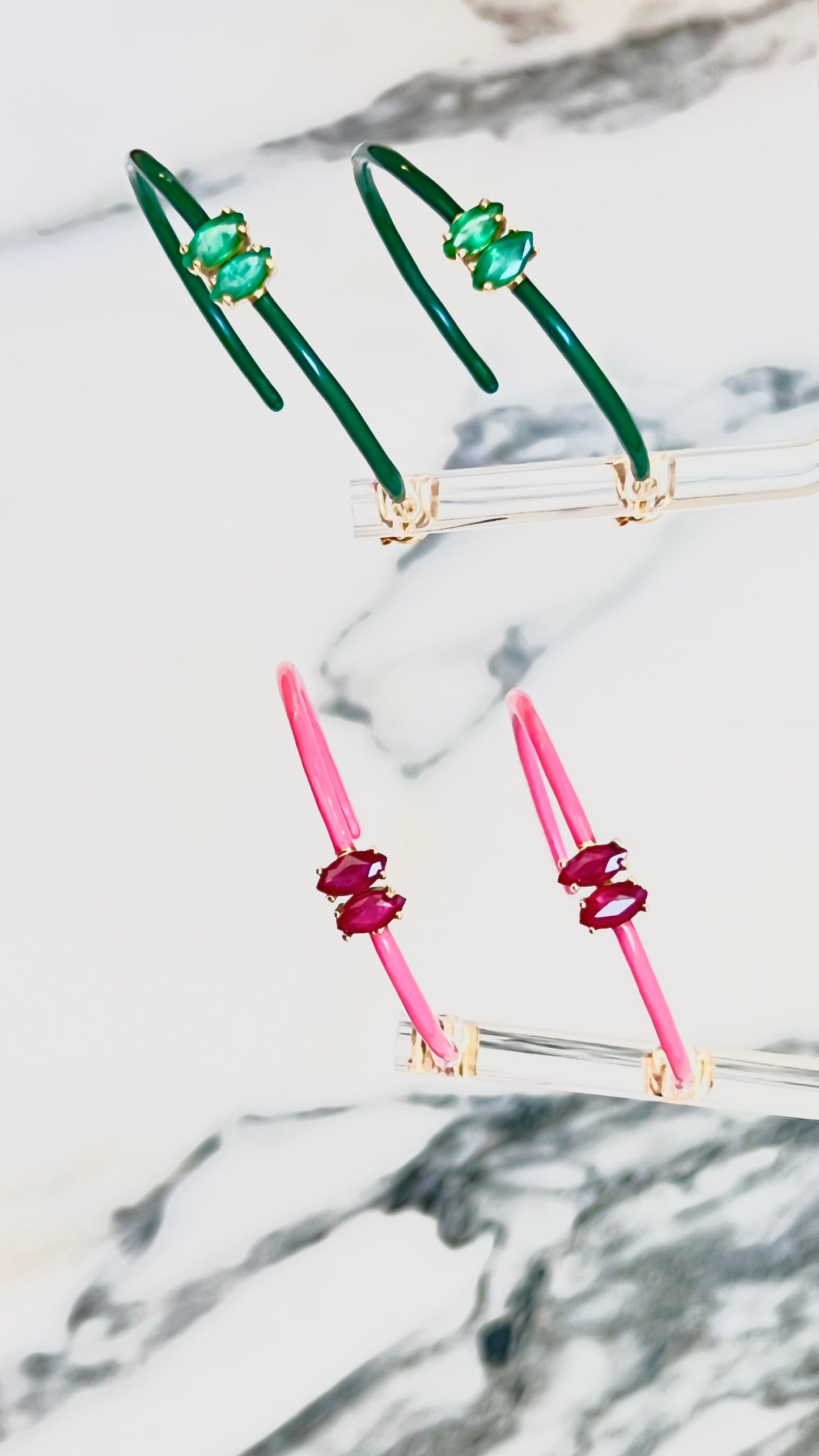 14K Gold Marquise Cut Ruby + Pink Enamel Valley Girl Hoop Earrings