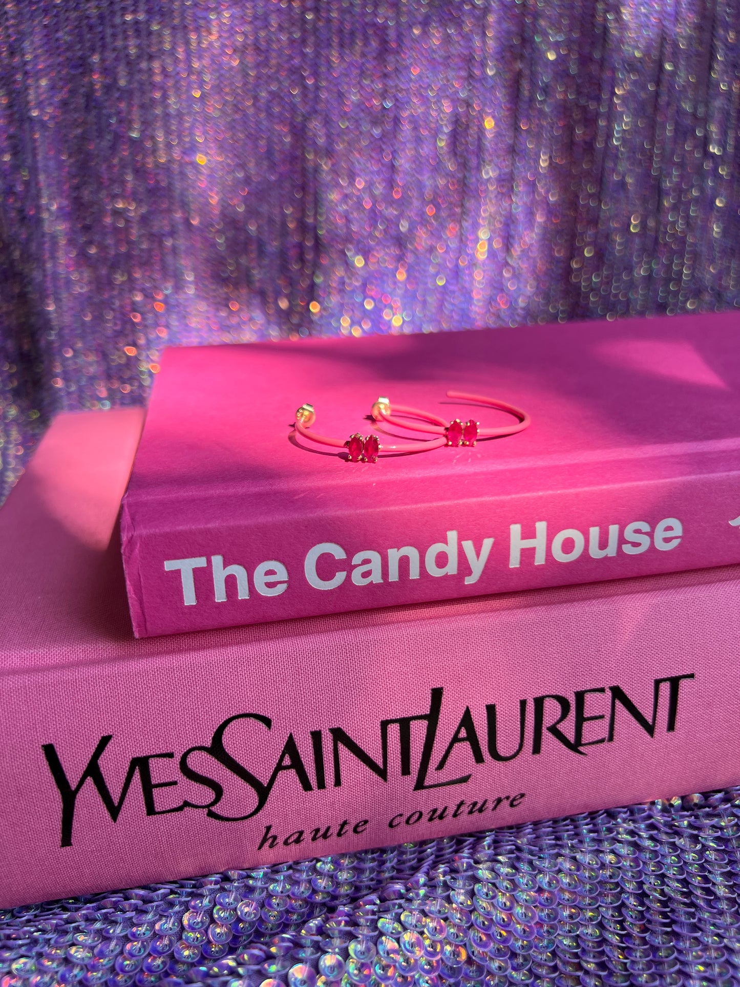 14K Gold Marquise Cut Ruby + Pink Enamel Valley Girl Hoop Earrings