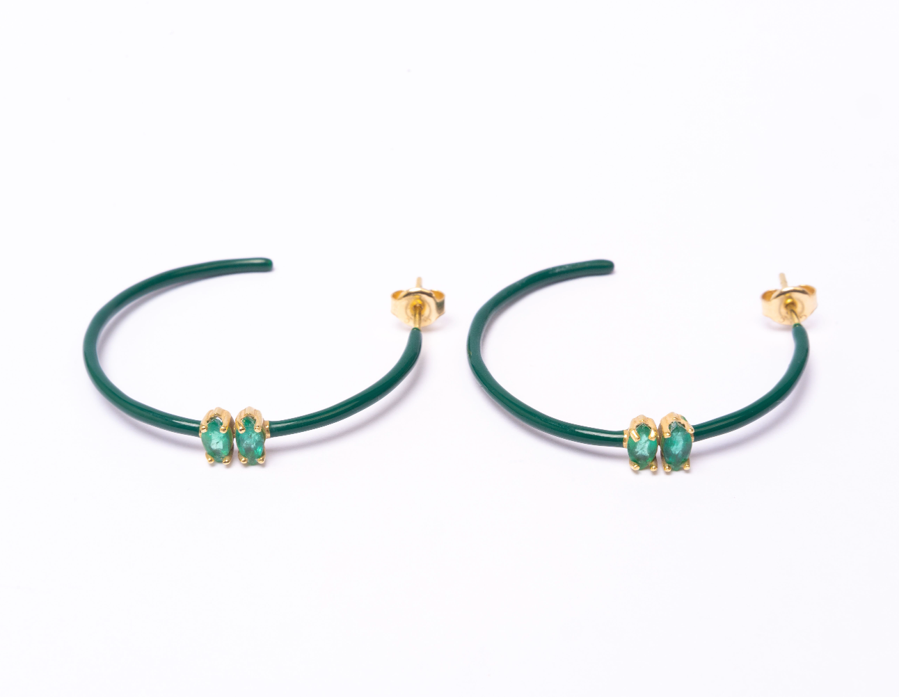 14K Gold Marquise Cut Emerald + Green Enamel Valley Girl Hoop Earrings