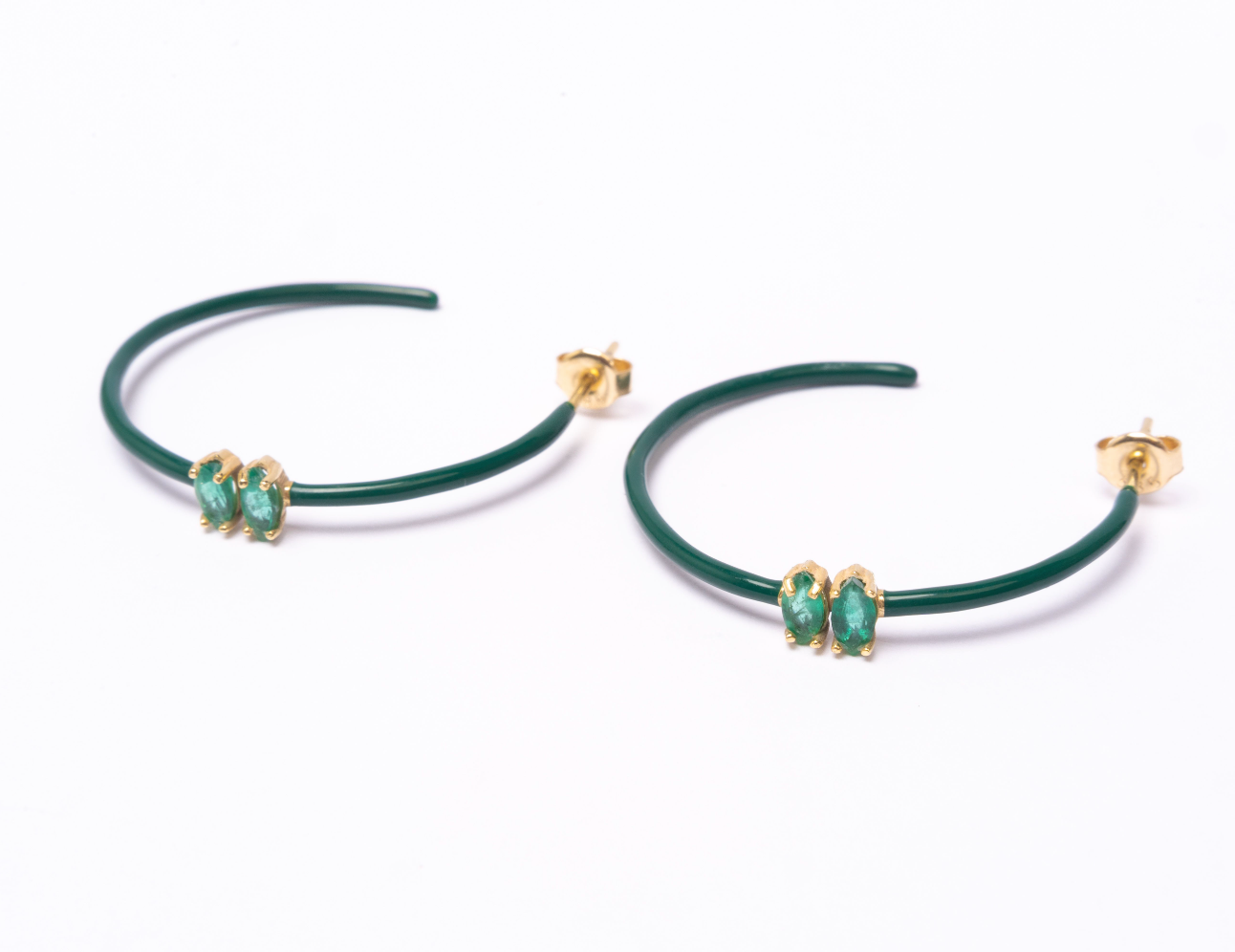 14K Gold Marquise Cut Emerald + Green Enamel Valley Girl Hoop Earrings