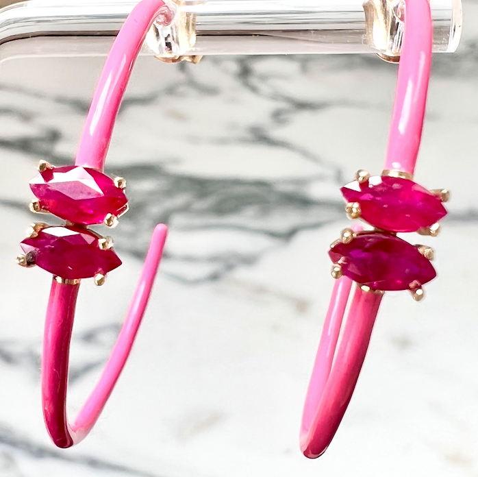 14K Gold Marquise Cut Ruby + Pink Enamel Valley Girl Hoop Earrings