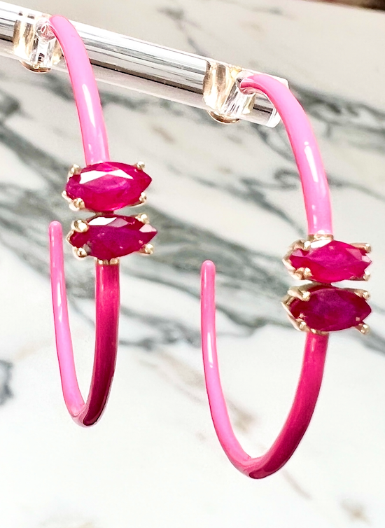 14K Gold Marquise Cut Ruby + Pink Enamel Valley Girl Hoop Earrings