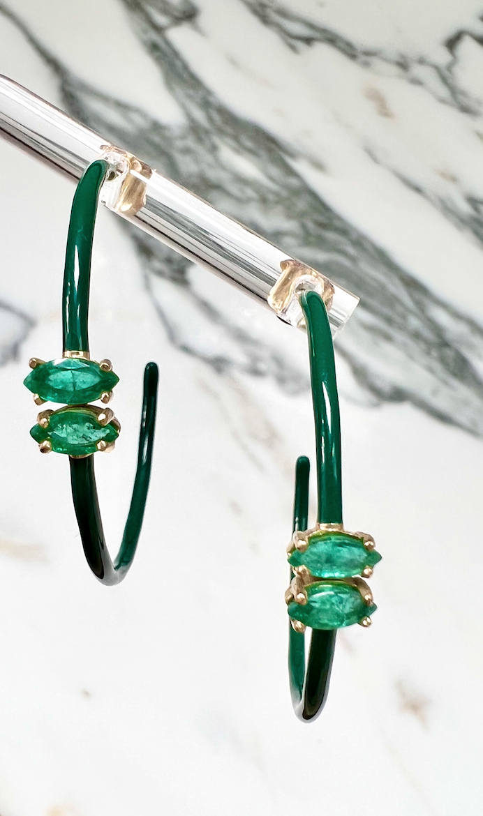 14K Gold Marquise Cut Emerald + Green Enamel Valley Girl Hoop Earrings