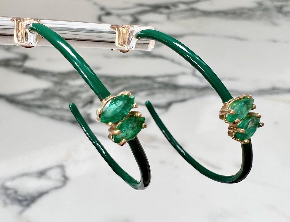 14K Gold Marquise Cut Emerald + Green Enamel Valley Girl Hoop Earrings