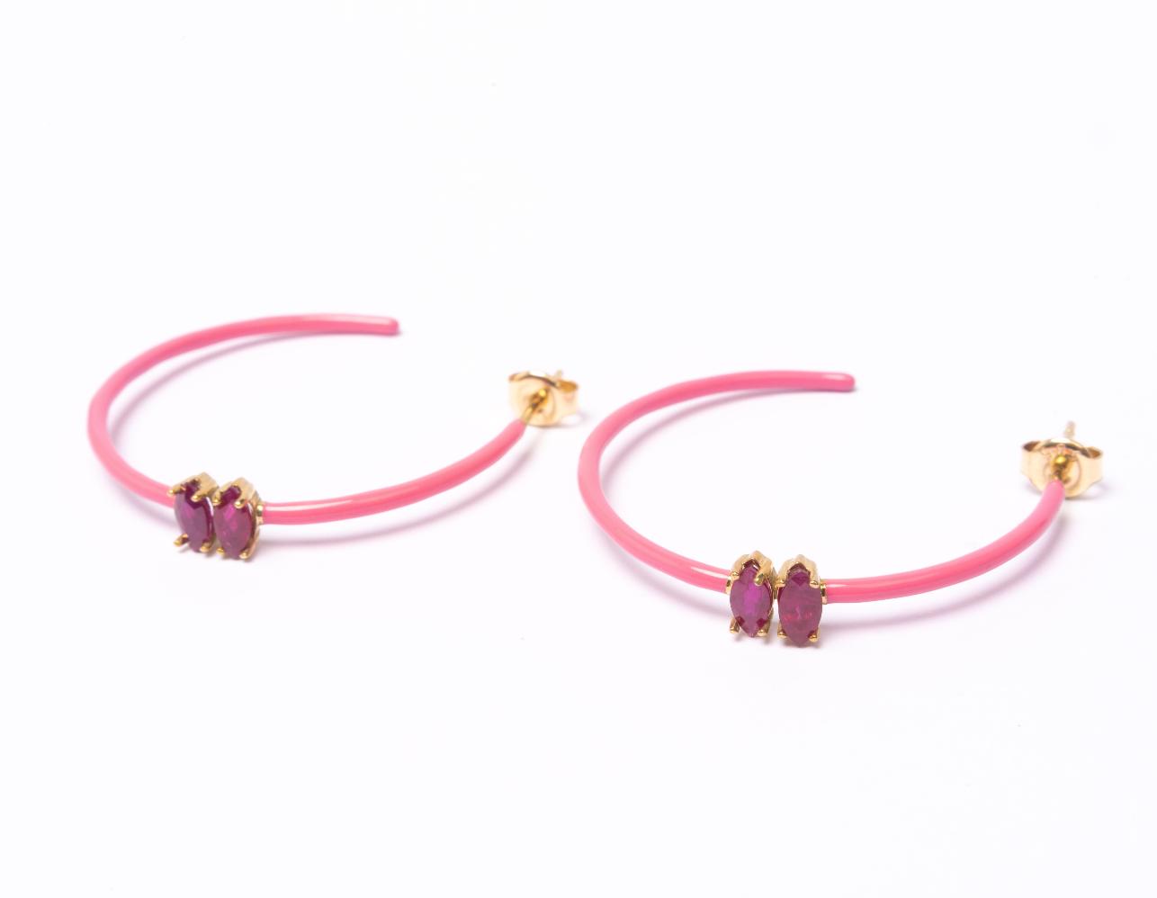 14K Gold Marquise Cut Ruby + Pink Enamel Valley Girl Hoop Earrings