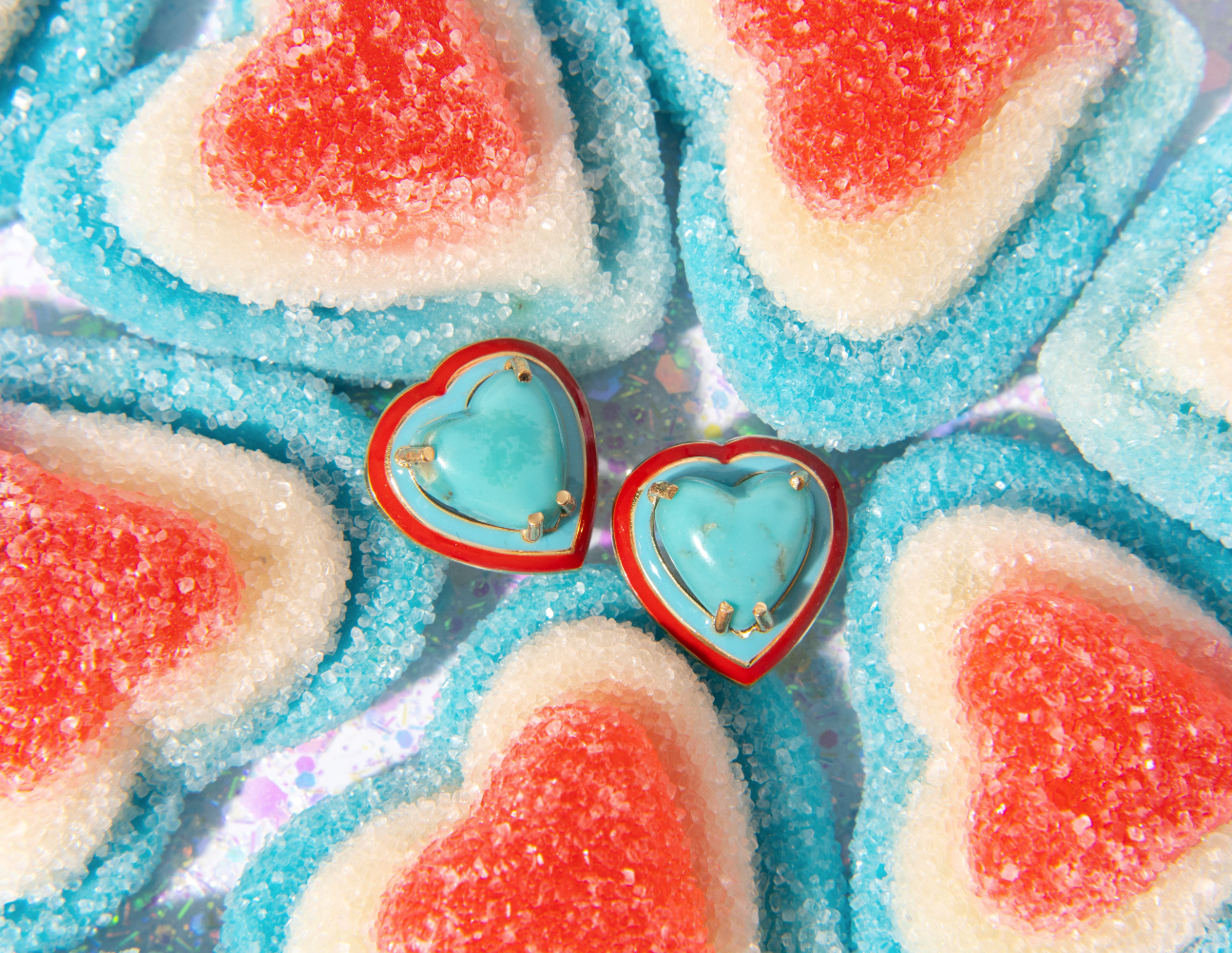 14K Gold Turquoise Heart Cabochon + Red // Turquoise Enamel Sweetheart Stud Earrings