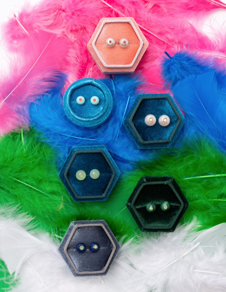 14K Gold Pink Freshwater Pearl + Red Spinel Stud Earrings