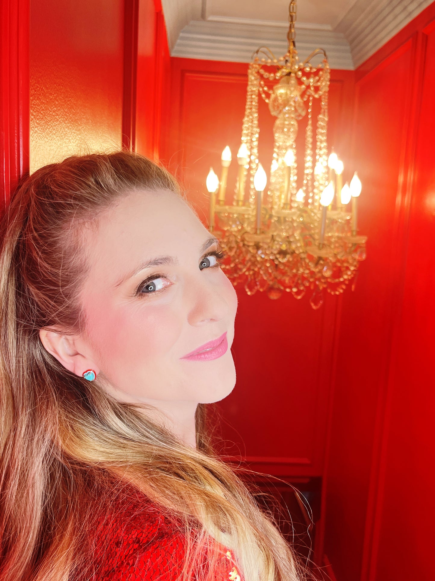 14K Gold Turquoise Heart Cabochon + Red // Turquoise Enamel Sweetheart Stud Earrings