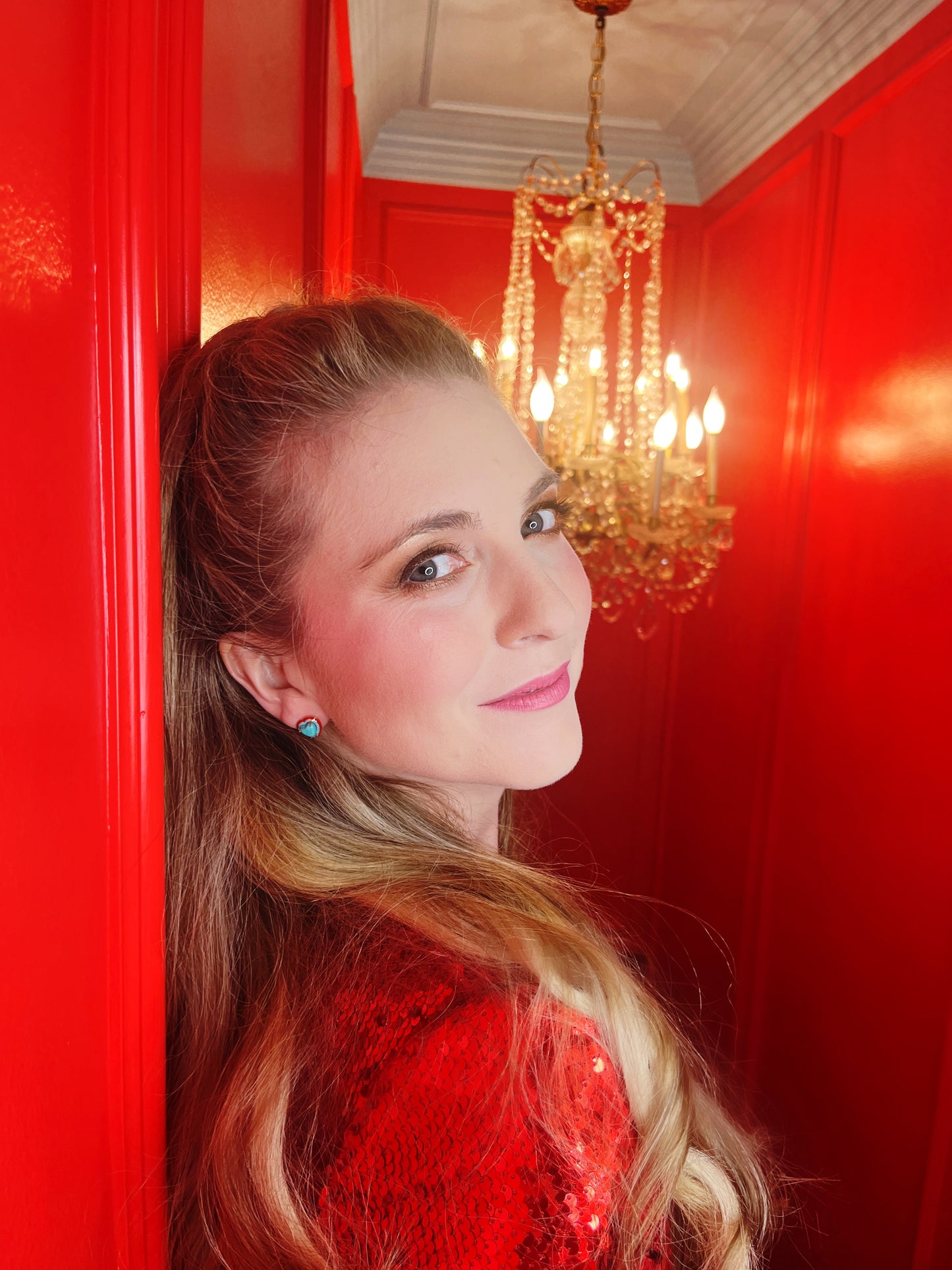 14K Gold Turquoise Heart Cabochon + Red // Turquoise Enamel Sweetheart Stud Earrings