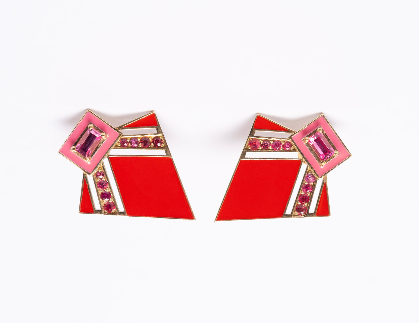 14K Gold Pink + Ombré Red Spinel Art Deco Enamel Fan Earrings
