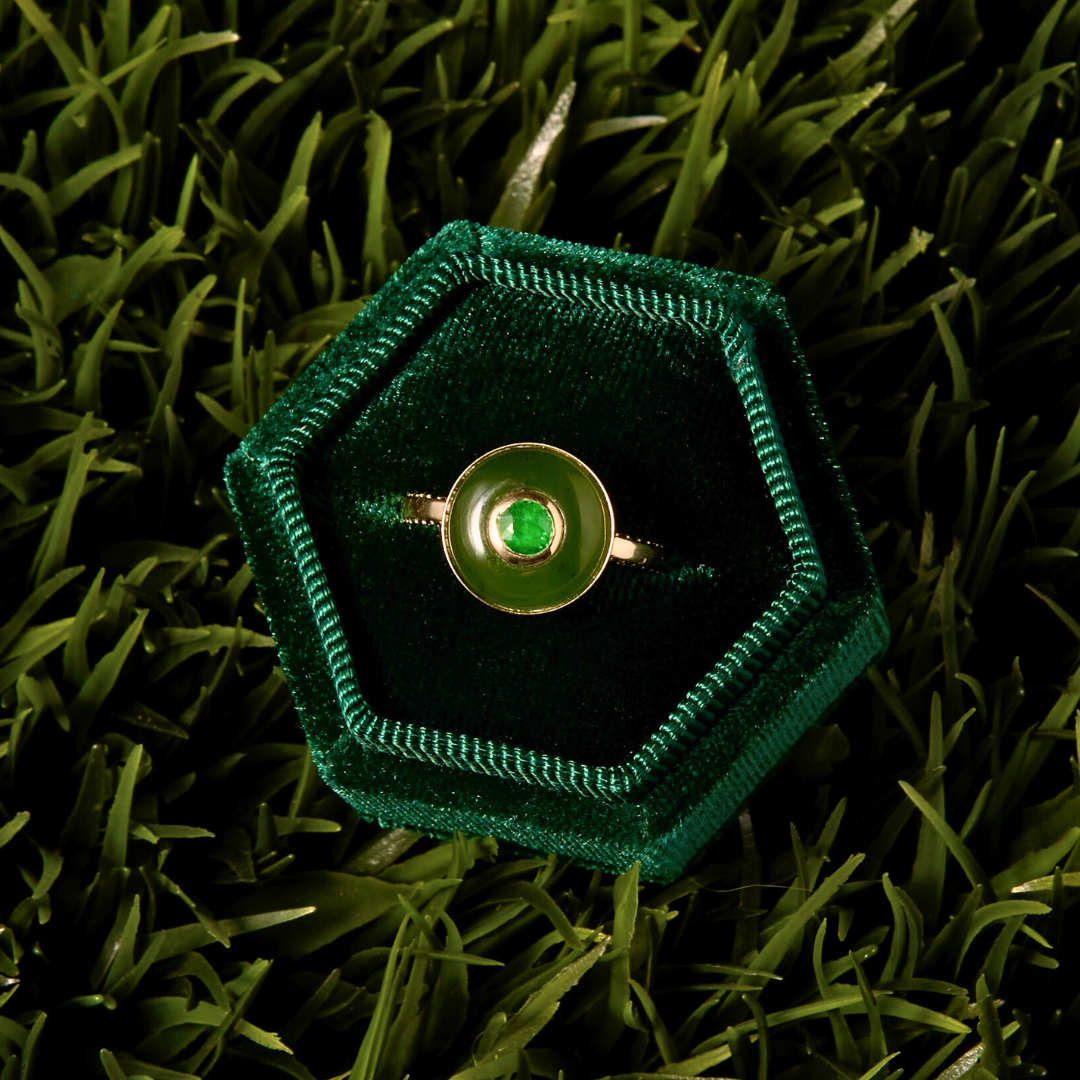 14K Gold Tsavorite Garnet + Nephrite Jade + Black Diamond Petite Cocktail Ring