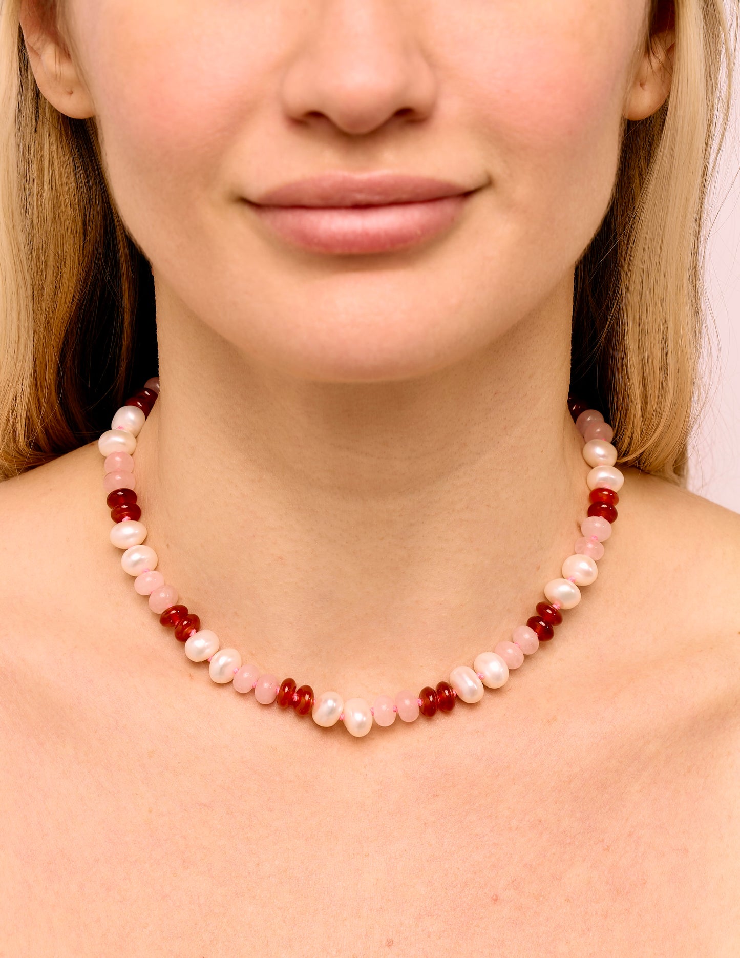 Freshwater Pearl, Rose Quartz, Carnelian + Hot Pink Hand-Knotted Silk Candy Necklace