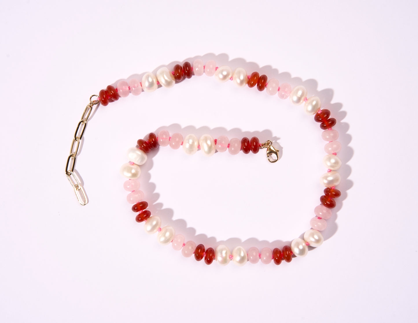 Freshwater Pearl, Rose Quartz, Carnelian + Hot Pink Hand-Knotted Silk Candy Necklace