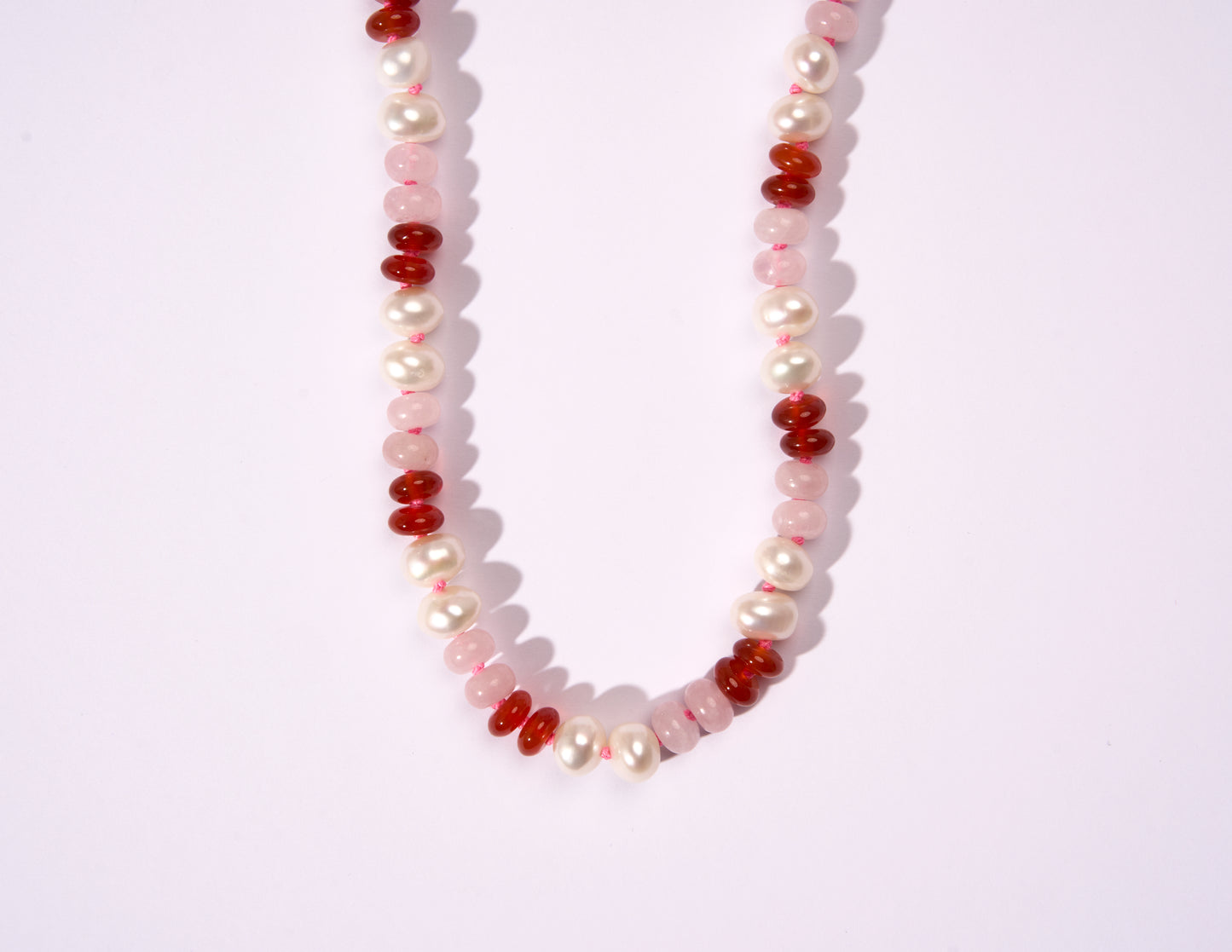 Freshwater Pearl, Rose Quartz, Carnelian + Hot Pink Hand-Knotted Silk Candy Necklace