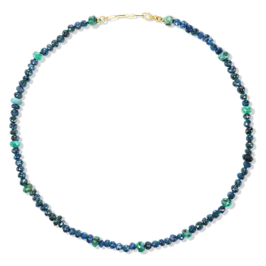 14K Gold Raw Emerald + Sapphire Tennis Necklace