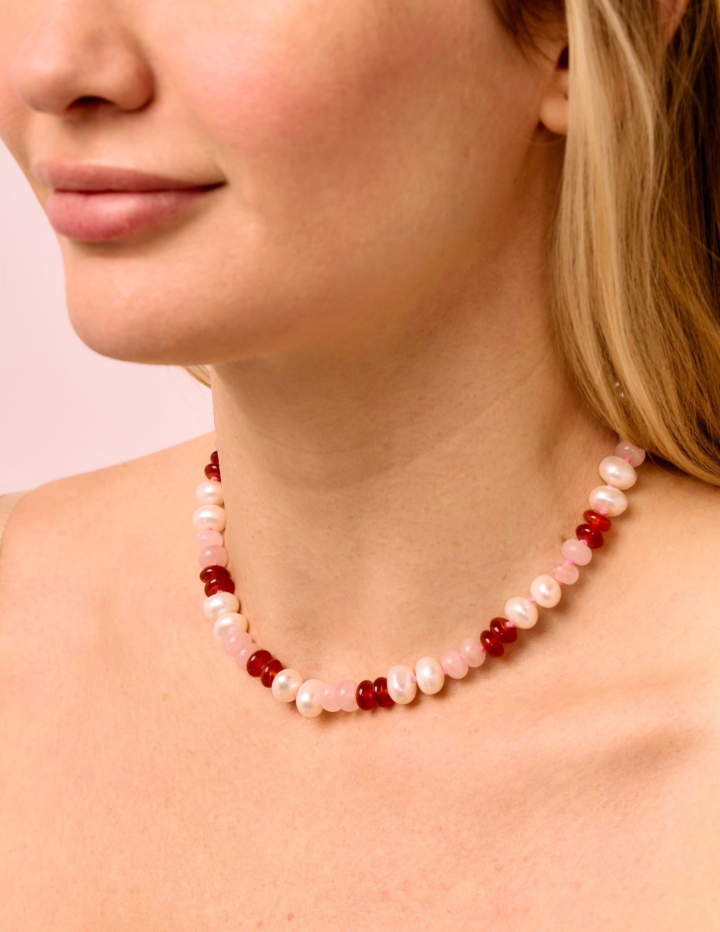 Freshwater Pearl, Rose Quartz, Carnelian + Hot Pink Hand-Knotted Silk Candy Necklace