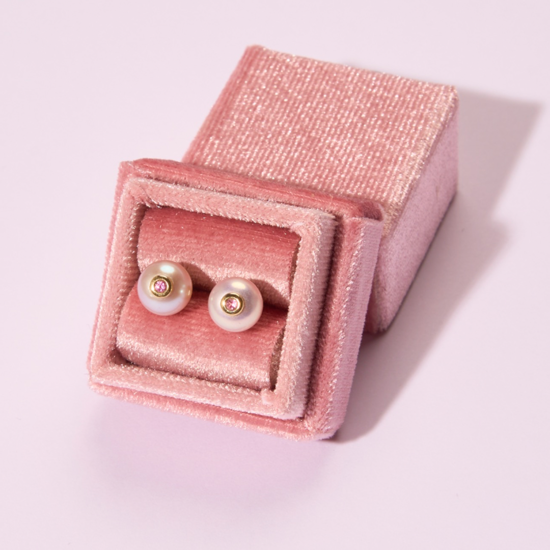 14K Gold Pink Freshwater Pearl + Small Pink Sapphire Stud Earrings