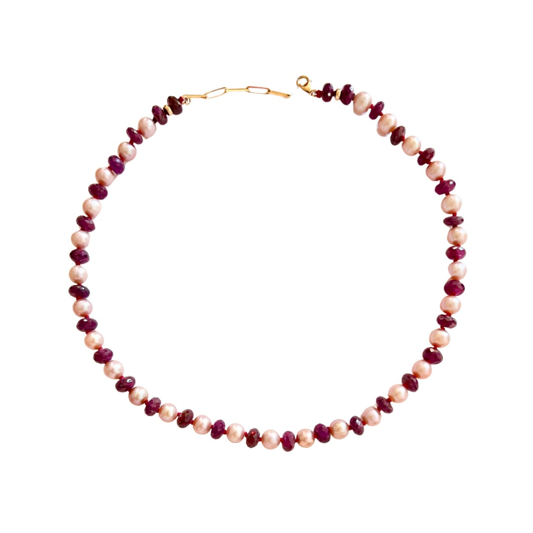 14K Gold Ruby + Pink Freshwater Pearl Necklace