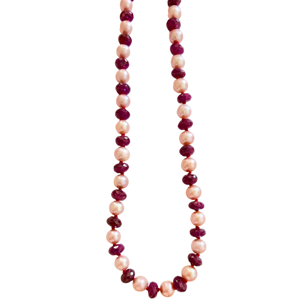 14K Gold Ruby + Pink Freshwater Pearl Necklace