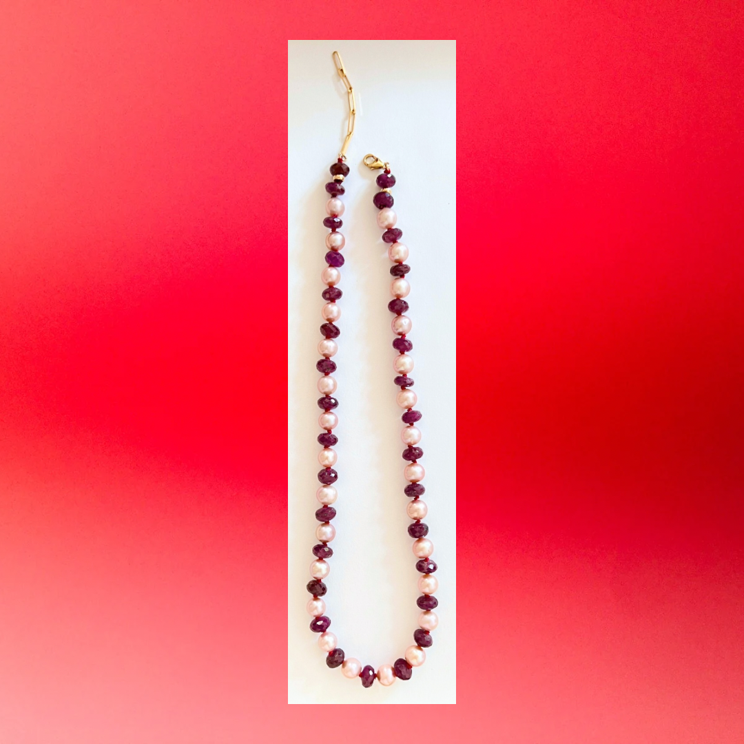 14K Gold Ruby + Pink Freshwater Pearl Necklace