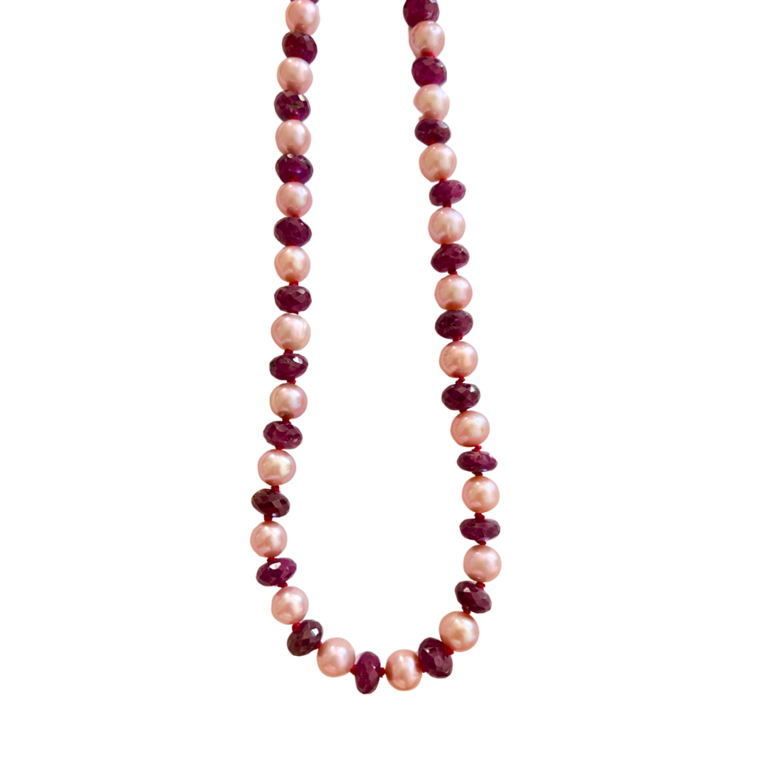 14K Gold Ruby + Pink Freshwater Pearl Necklace