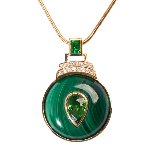 14K Gold Malachite + Tsavorite Garnet + Diamond Pendant Necklace